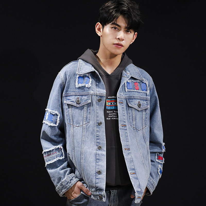 Loose denim jacket male hip hop trend scraped cloth letter print super fire cec frock jacket clothing trend