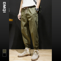 Ton Man Flag Fall Cotton Bomb Washed Retro Tooling Casual Pants Man Loose Straight Drum Tide 100 lap elastic pants