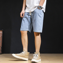 Denim shorts mens summer thin elastic waist simple five-point pants Mens Japanese trend large size fat pants