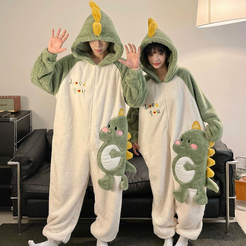 Couple's One-Piece Pajamas Coral Fleece Autumn and Winter Thickened 2026 New Style Home Wear Men's Cartoon Dinosaur Women's Style