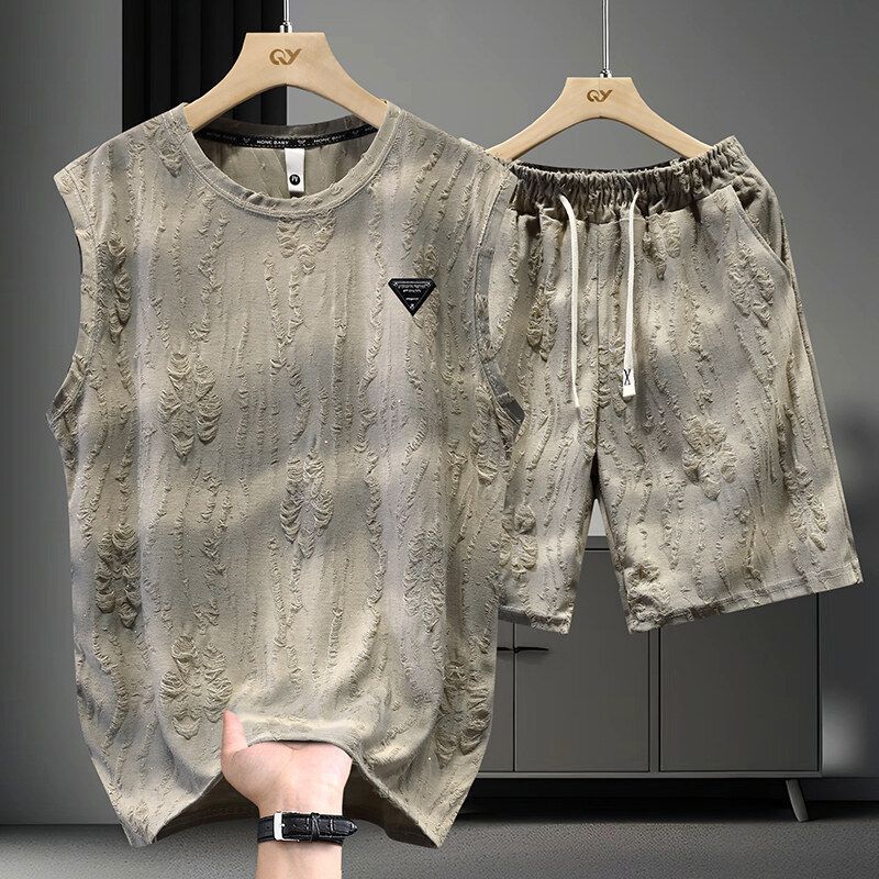 Summer Tie-Dye Short-Sleeve Set for Men, Summer Casual Light Luxury Ripped Thin Tank Top Sleeveless T-Shirt and Shorts Complete Set