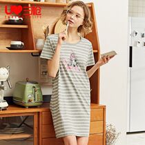 Triple Gun Sleeping Dress Pyjamas Woman 2021 Summer New Pure Cotton Streaks Loose Breathable Cute Thin Full Cotton Home Skirt