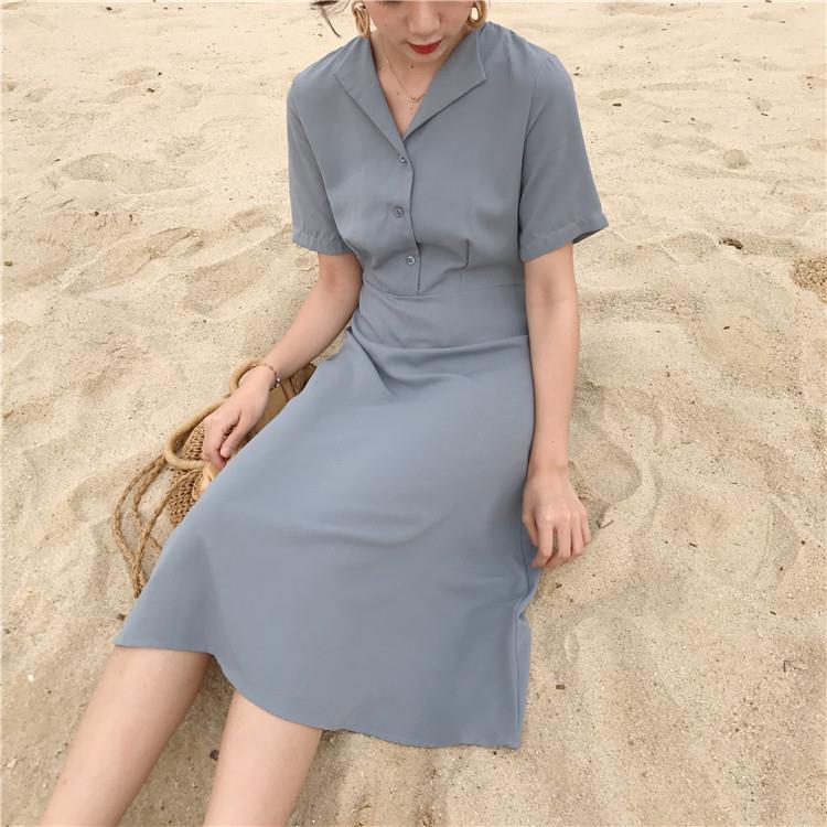 Mùa xuân mới của phụ nữ retro bến cảng khí chất voan eo thon dài phần Một từ lớn swing váy ngắn tay - A-Line Váy váy chữ a đẹp