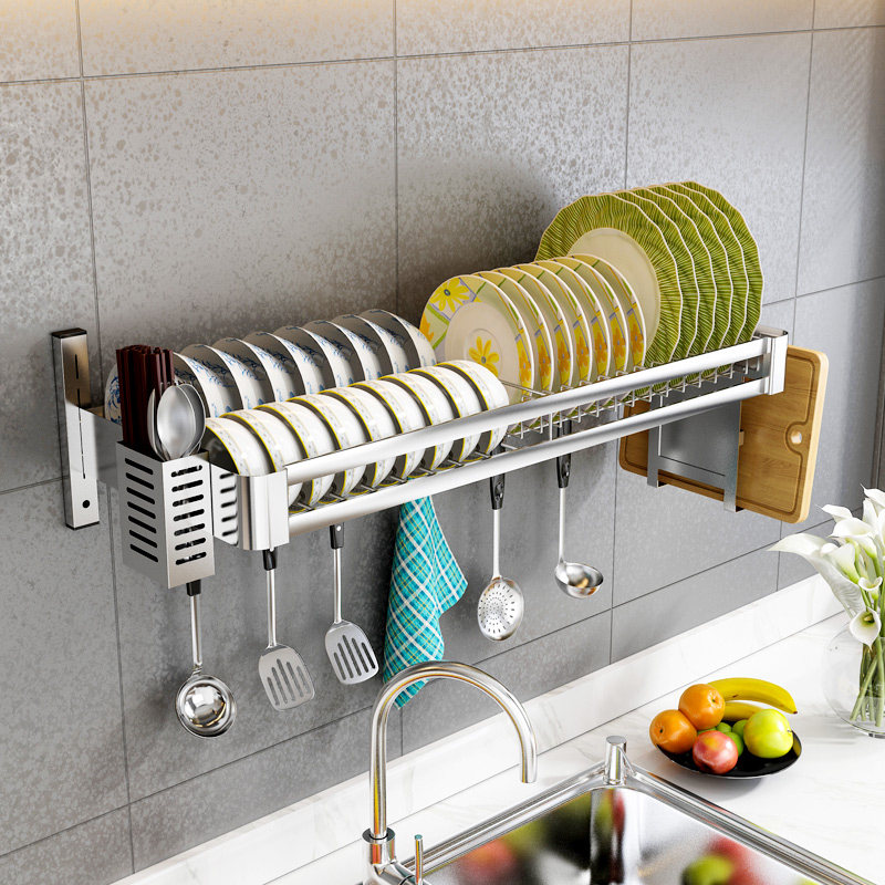 Stainless steel kitchen sink tray dish storage rack wall-mounted non-perforated pool with bowl rack drain rack