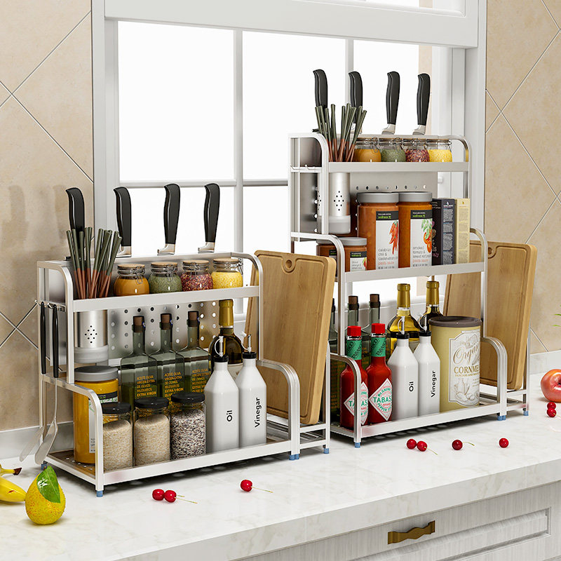 304 stainless steel kitchen shelving ground floor double seasoning jar shelf condiment shelf 2 layers of oil salt sauce Vinegar Containing shelf