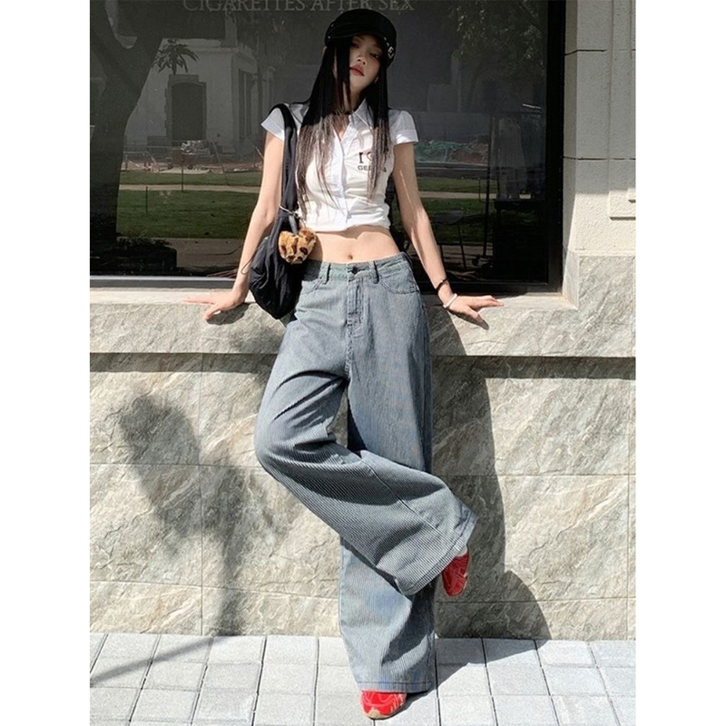 Manjinjin Rcih American Retro Dark Blue Striped Wide-Leg Jeans for Women, Loose and Versatile Straight-Leg Casual Pants