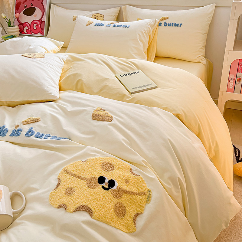 ins towel embroidered washed cotton four pieces of non-cotton pure cotton linen quilt cover student dormitory bed three sets 4-Taobao