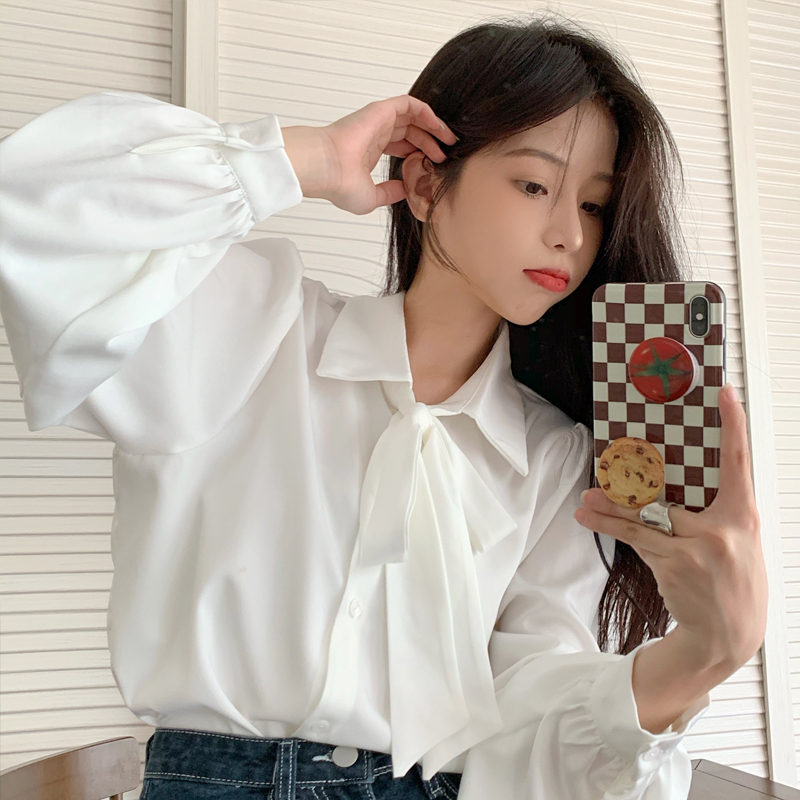 Plus-Size Slimming White Interview Shirt for Women, New 2026 Spring, Fat mm Bow Long-Sleeve Korean Style Versatile Top