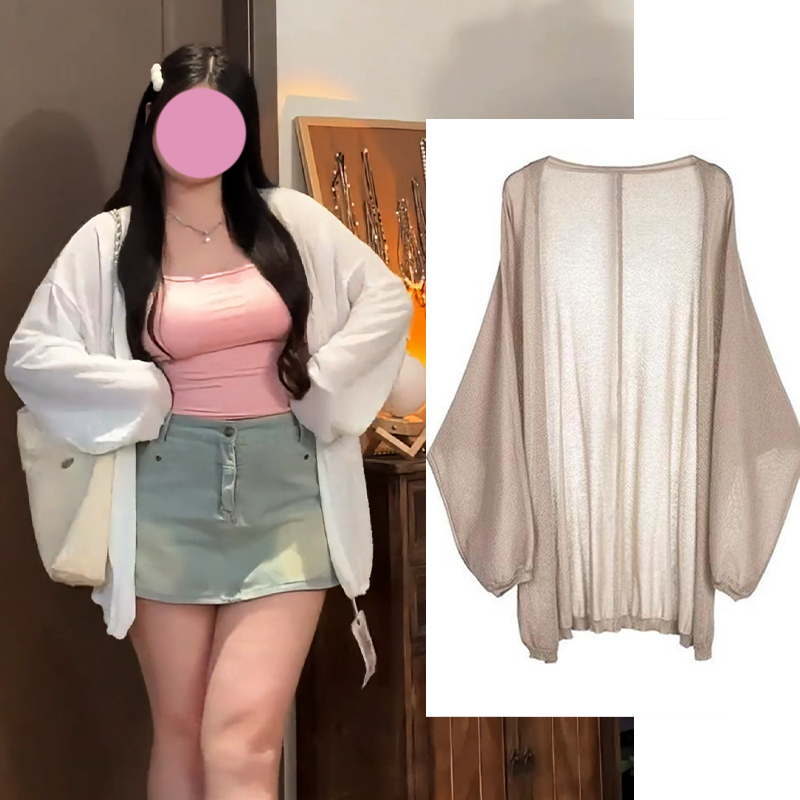 Plus Size Fat Girl Summer Mid-Length Sun Protection Cardigan Women's Outerwear Thin Mesh Shawl Blouse Spring and Autumn Knitted Jacket