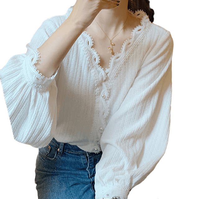 Spring new plus size women's v-neck lace shirt design sense fairy and western style wild long-sleeved shirt slim shirt