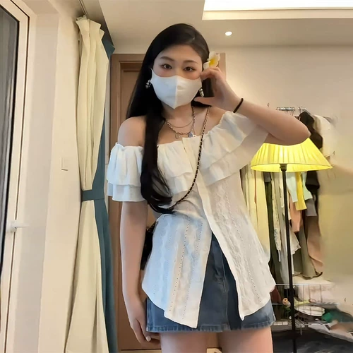 Летняя приталенная рубашка, размер, открытые плечи