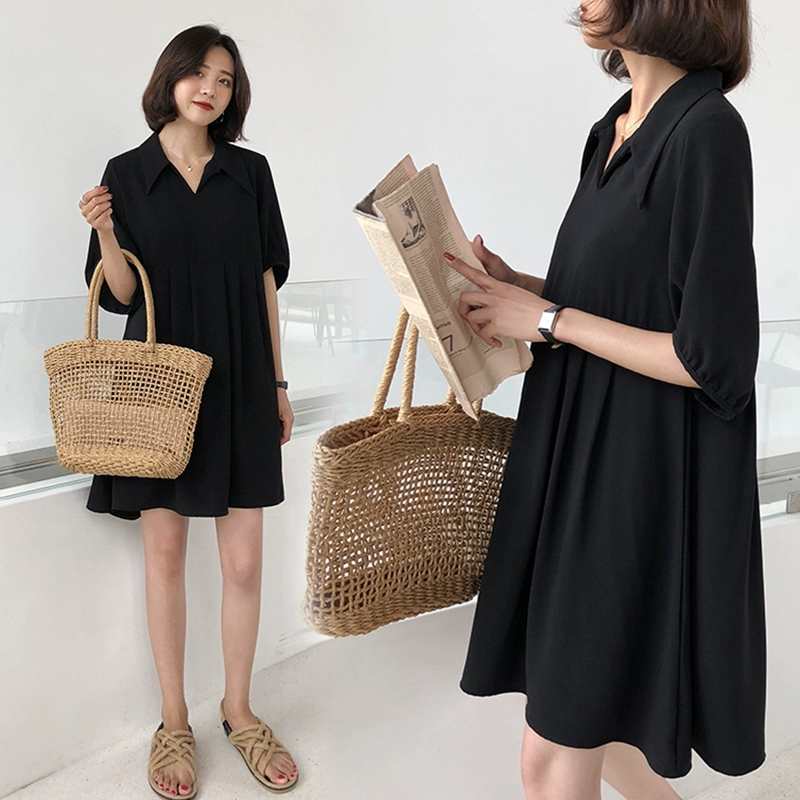 Nữ cỡ lớn 200 kg mùa hè váy áo sơ mi chữ A chiều dài trung bình cho người béo mm lỏng lẻo và mỏng Chiếc váy màu đen nhỏ của Hao Ben - A-Line Váy