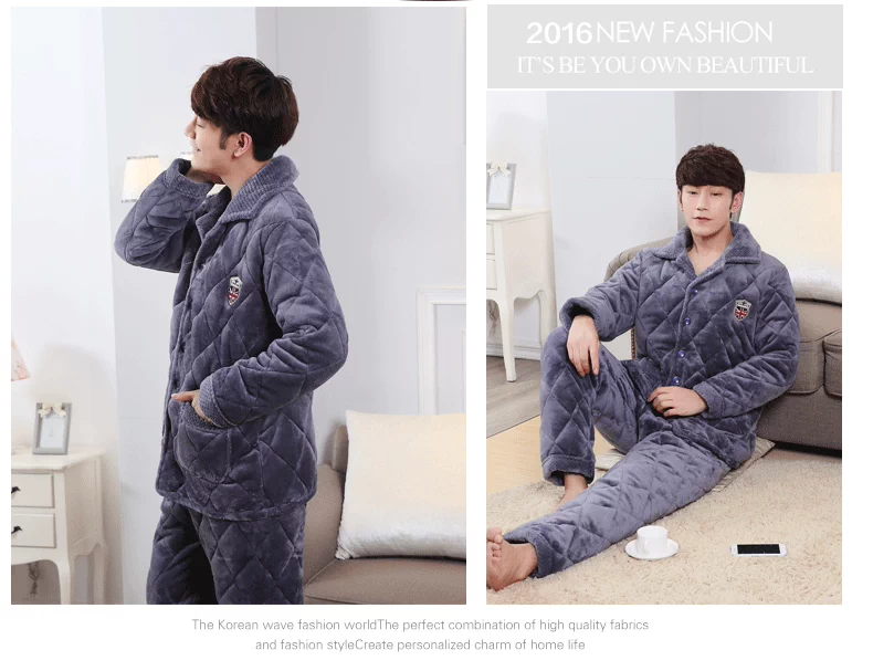 Bộ đồ ngủ chần bông nam mùa đông dày ba lớp lông cừu san hô mùa đông flannel dài tay áo khoác cotton đơn áo