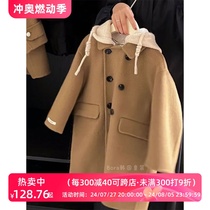 Bora Korean childrens woolen coat spring clothing for boys and girls Western style British style buttoned hooded coat trendy