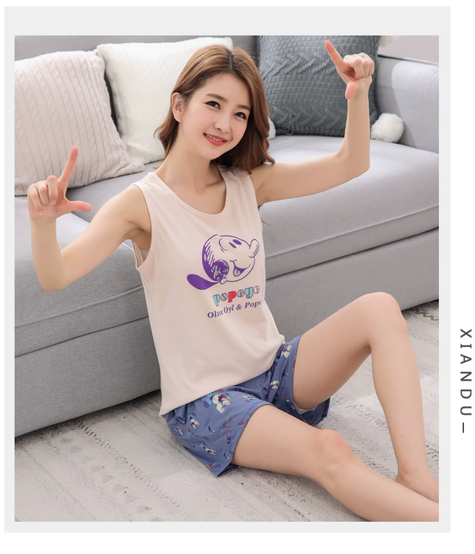 Mặc đồ ngủ mùa hè của phụ nữ cotton vest quần short nhà dịch vụ không tay phù hợp với kích thước lớn dễ thương phim hoạt hình ngắn tay cotton