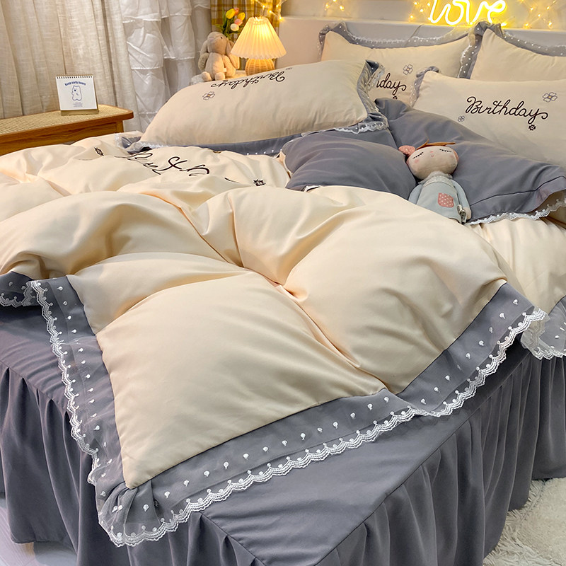 Korean version of the milk white gray lace edge quilt cover four-piece set bedding princess wind bed skirt style sheets girly heart