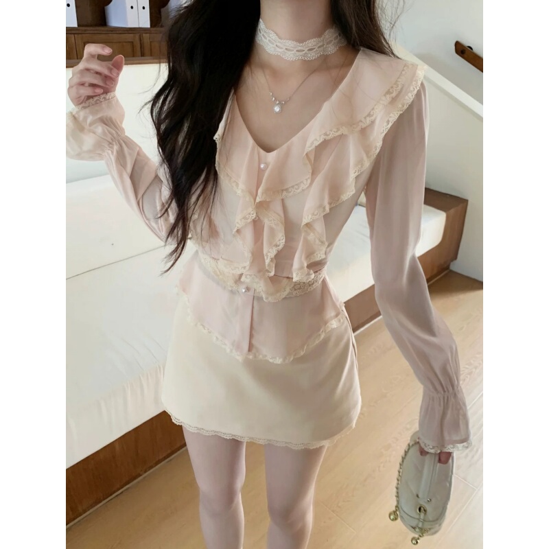 French-Style High-End Commuter Style Pink Ruffled Chiffon Top with Waist-Cinching Slimming Skirt, Fashionable Two-Piece Set for Women