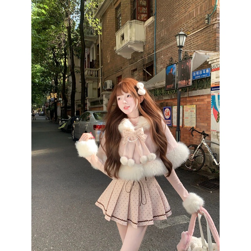Sweet and Elegant Pink Plush Cape Hooded Jacket for Women, Autumn and Winter Knitted Base Layer, Polka Dot Skirt Three-Piece Set
