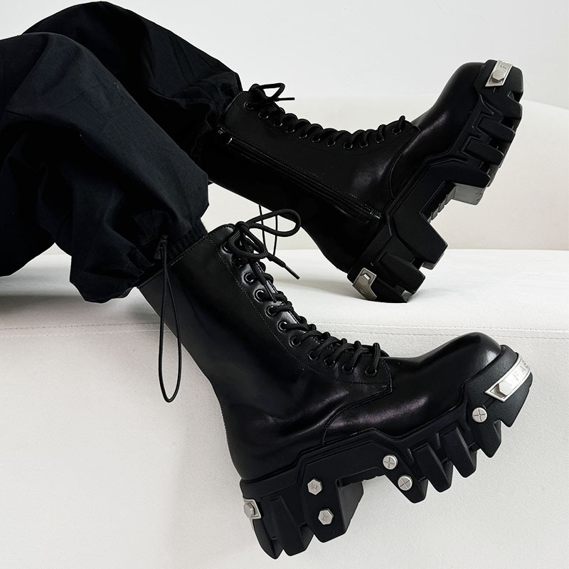 American-Style Zip-Up Martin Boots for Men, High-Top Platform Thick-Soled Biker Boots, Trendy Paris Bulldozer Cosplay Height-Increasing Shoes