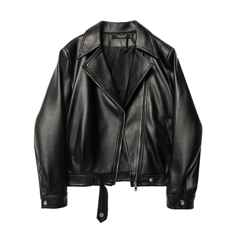 Retro Motorcycle Style Black Short Leather Jacket with Loose Suit Collar and Zipper, High-End Jacket