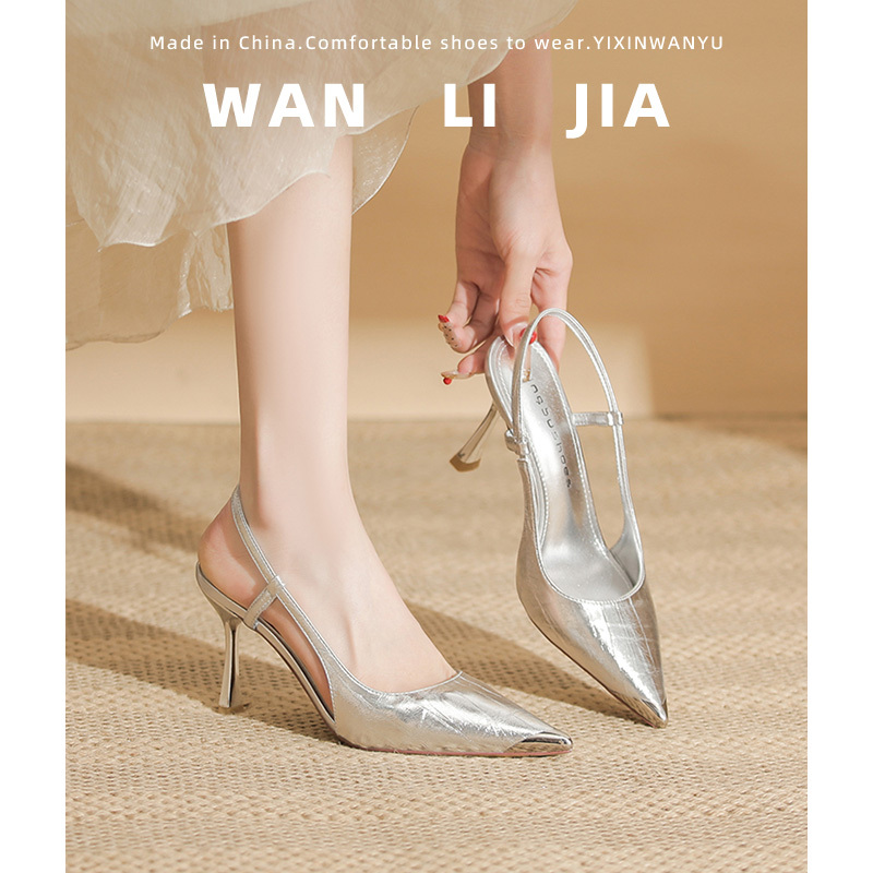 Silver High-Heeled Shoes for Women, Stiletto Heels That Are Comfortable, New Style to Match Skirts, Pointed Toe, Sexy and Elegant, Ankle Strap, Closed-Toe Sandals
