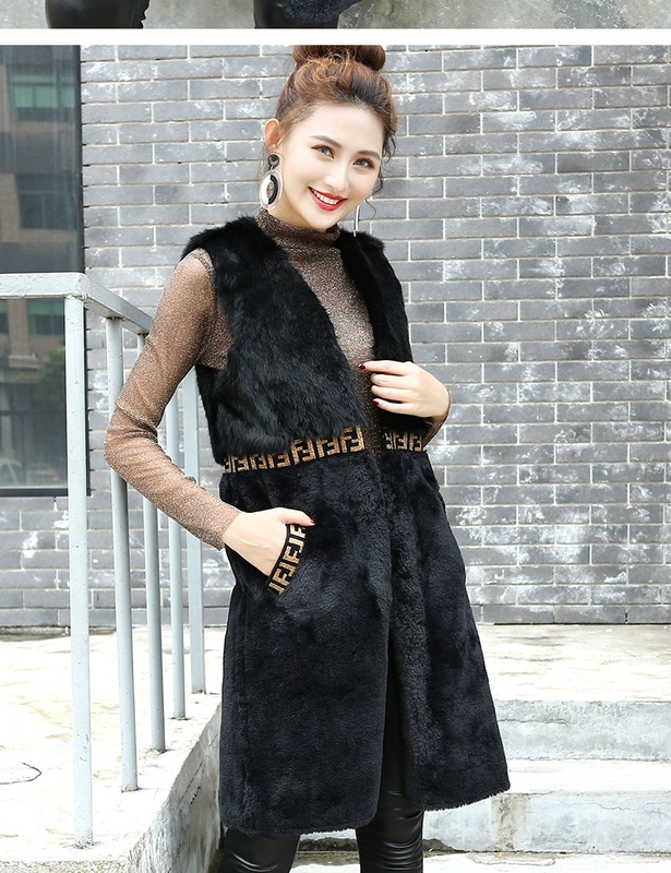 Lanziwei 2018 thu đông mới vest lông mới nữ khí hậu cổ chữ V lông thỏ khâu áo vest không tay áo dạ ép lông cừu dáng ngắn