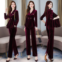 Port Wind Gold Velvet Small Suit Suit Woman 2022 Chunqiu Ji New Korean version Name yuan Temperament Broadlegged Pants Two-piece Set