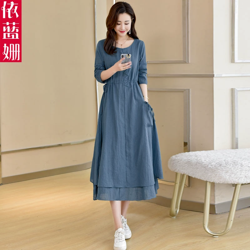 Mùa xuân và mùa thu năm 2021 Váy phụ nữ mới thời trang Hàn Quốc Dài tay Áo ren cổ tròn Chiều dài trung bình Váy cotton và vải lanh giản dị - váy đầm