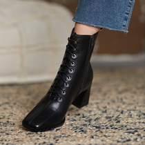 Conspicuthin European and American genuine leather lacing Martin boots female square head coarse heel Inn wind high heel single boots Ins damp woman short boot