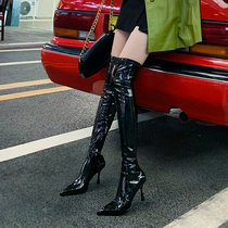 Lacquer leather long boot female autumn winter new elastic slim boot Paris walk show fine heel with pointed high heel cylinder overknee boots
