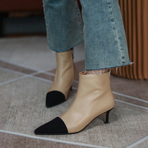 Style Short Boots Woman Spring Autumn Single Boots Collage Pointed Fine Heel High Heel Heels Elegant Nude Boots Genuine Leather Small Scent Wind Martin boots