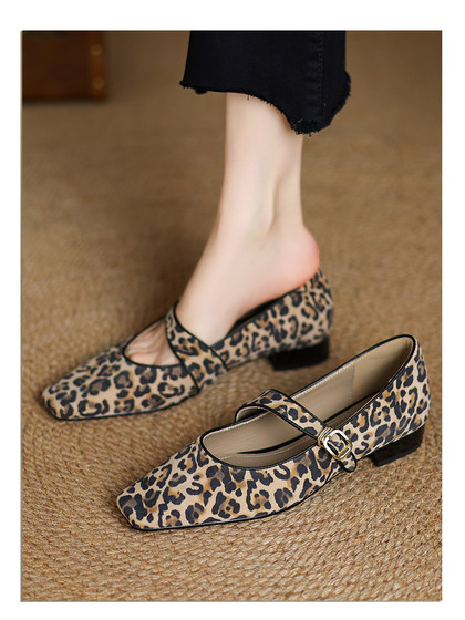 Kmeizu软~方头玛丽珍鞋女春新款简约磨砂豹纹平底赫本一字扣单鞋