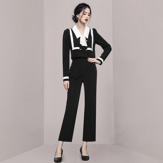 Professional high-end suit niche chic short top high waist black straight pants small dress two-piece autumn and winter