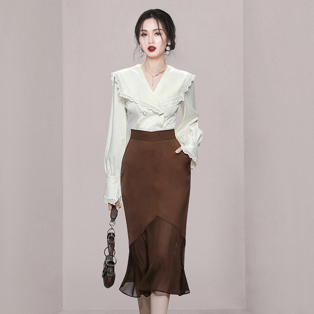 Doll collar shirt long-sleeved + fishtail skirt autumn and winter two-piece western style commuter women's light familiar suit 2022 new