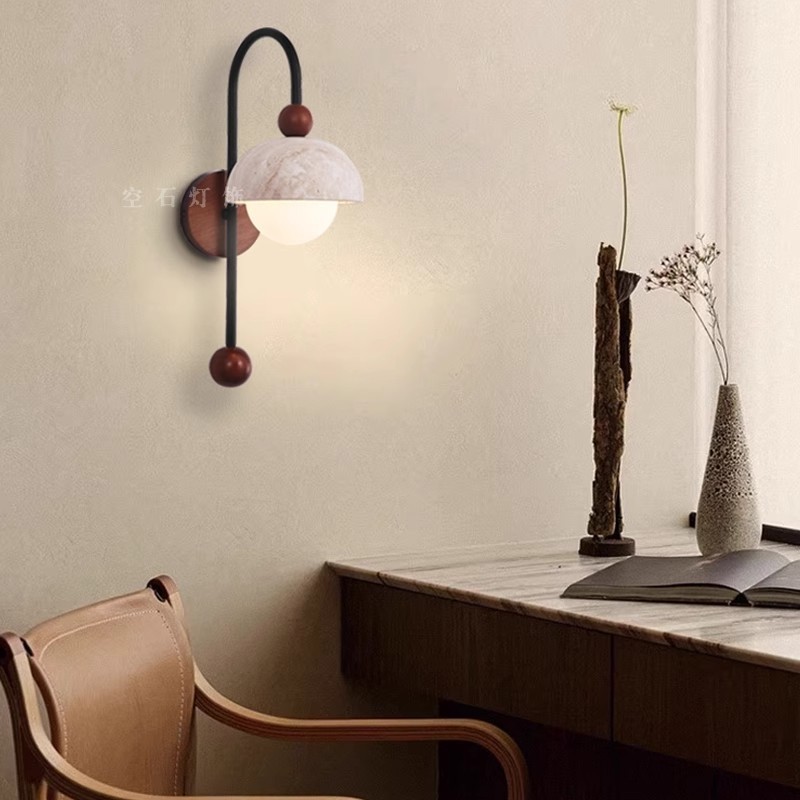 Medieval-Style Yellow Cave Stone Walnut Wood Wall Lamp, Retro Wabi-Sabi Style Living Room, Bedroom, Bedside, Staircase, Corridor Atmosphere Lighting Fixtures