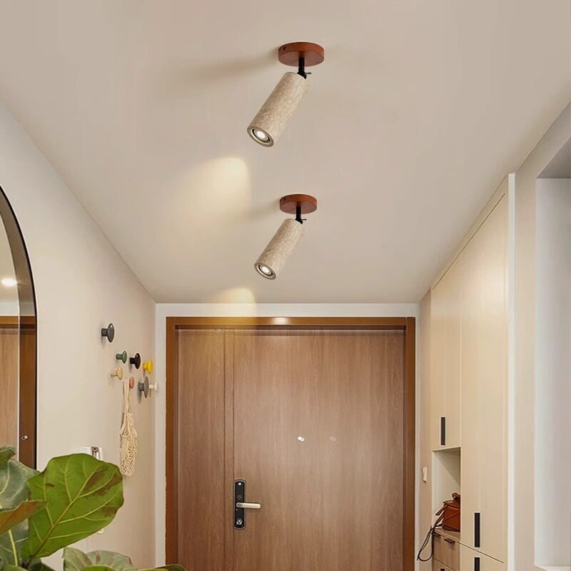 Yellow Travertine Spotlight, Solid Wood Bedroom Bedside Wall Lamp, Vintage Mid-Century Wabi-Sabi Style, High-End Ambiance Corridor Lighting for Guesthouses