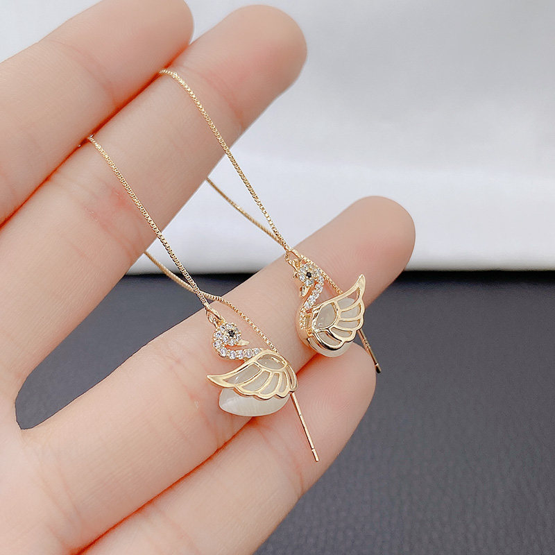 Micro-set opal cygnet ear line long tassel slim face earrings high-end light luxury Korean trend earrings