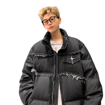 Denim splicing cross cotton jacket for men and women thickened winter design American trendy brand handsome cotton jacket