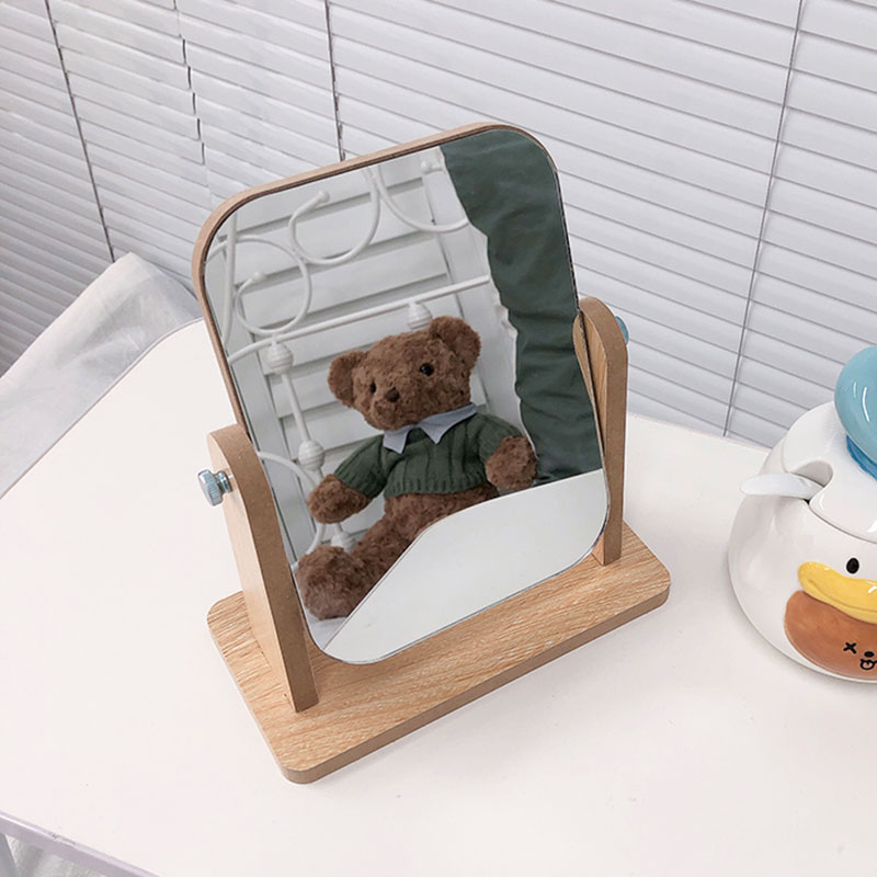 Japanese-style makeup mirror household bedroom small student dorm desktop can stand-up wood portable dressing mirror
