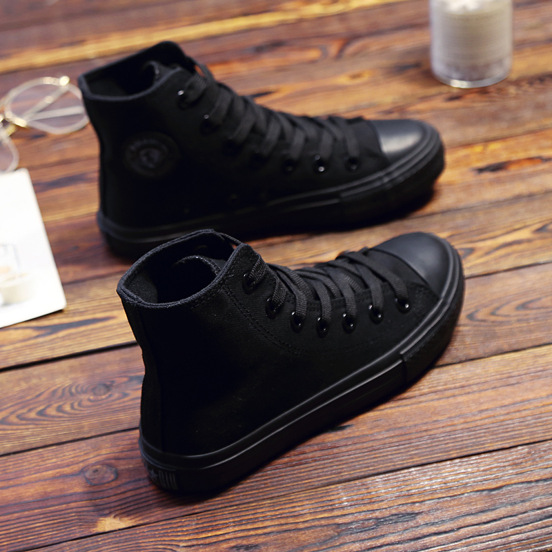 All Black High-Top Pure Black Canvas Shoes for Female Students, Casual Flat Shoes, Work Shoes, Sneakers