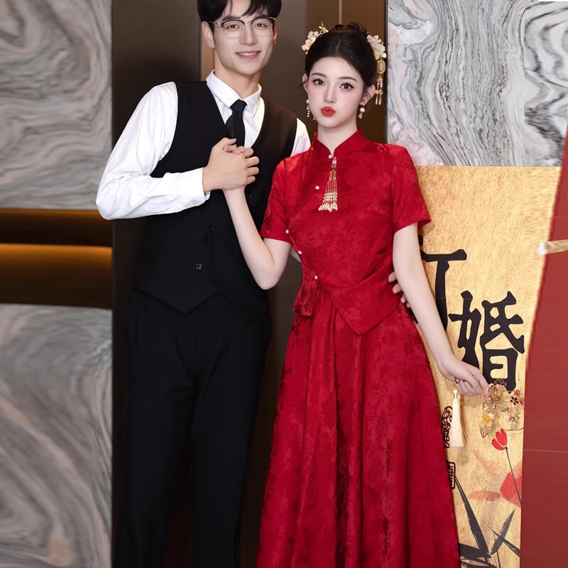 New Chinese-Style Improved Cheongsam Toast Dress for Bride, High-End Red Engagement Dress for Petite Women, Homecoming