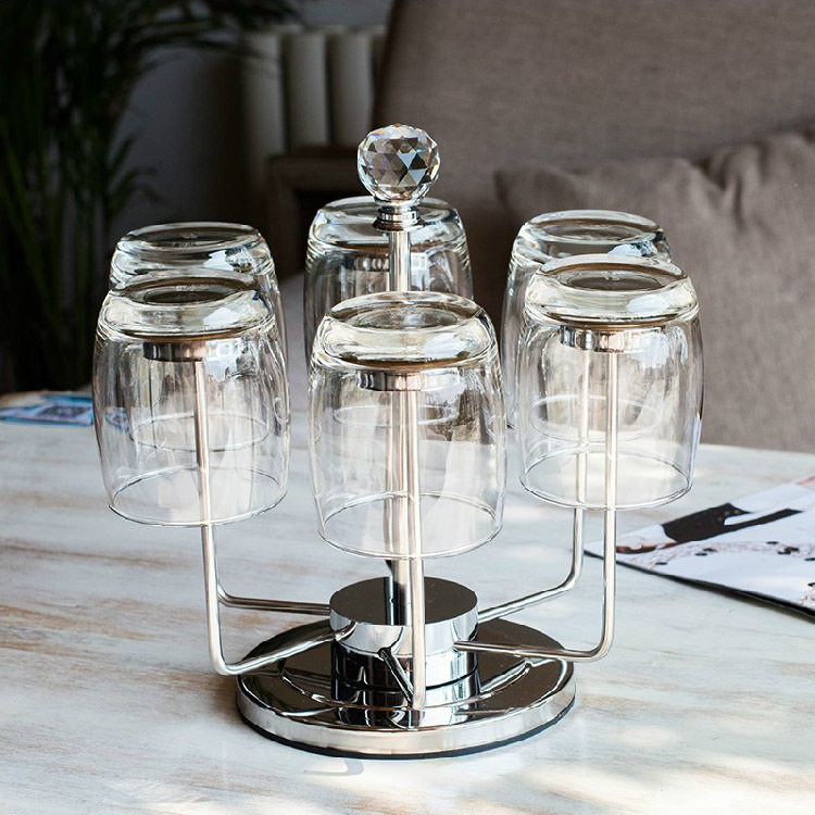Stainless steel water cup holder creative wine glass holder fashion tea cup holder 6 head rotating upside down drain cup holder