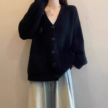 Japanese autumn and winter new v-neck lazy style soft glutinous sweater jacket for women loose outerwear versatile loose knitted cardigan