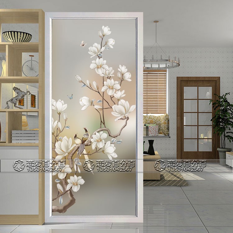 Modern style art glass frosted craft porch decoration double-sided screen partition tempered glass magnolia flower