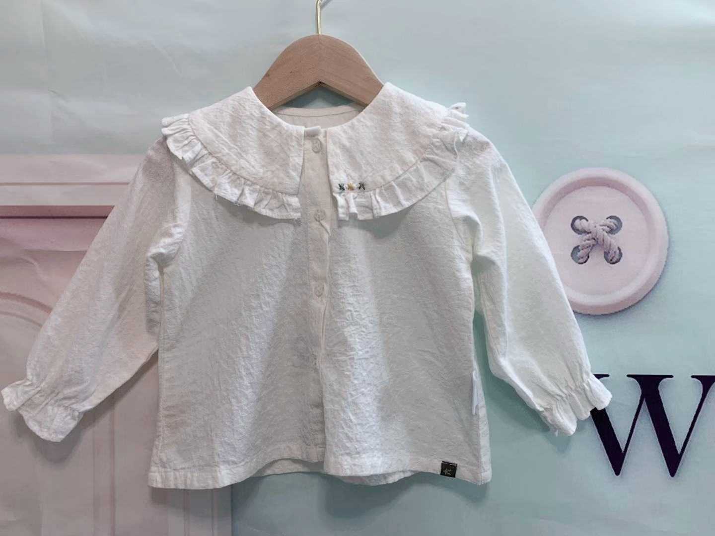 Girls' Shirts Korean Version 2019 Autumn Western Style Children's Baby Shirts Tops White Lace Collar Baby Shirts Pure Cotton