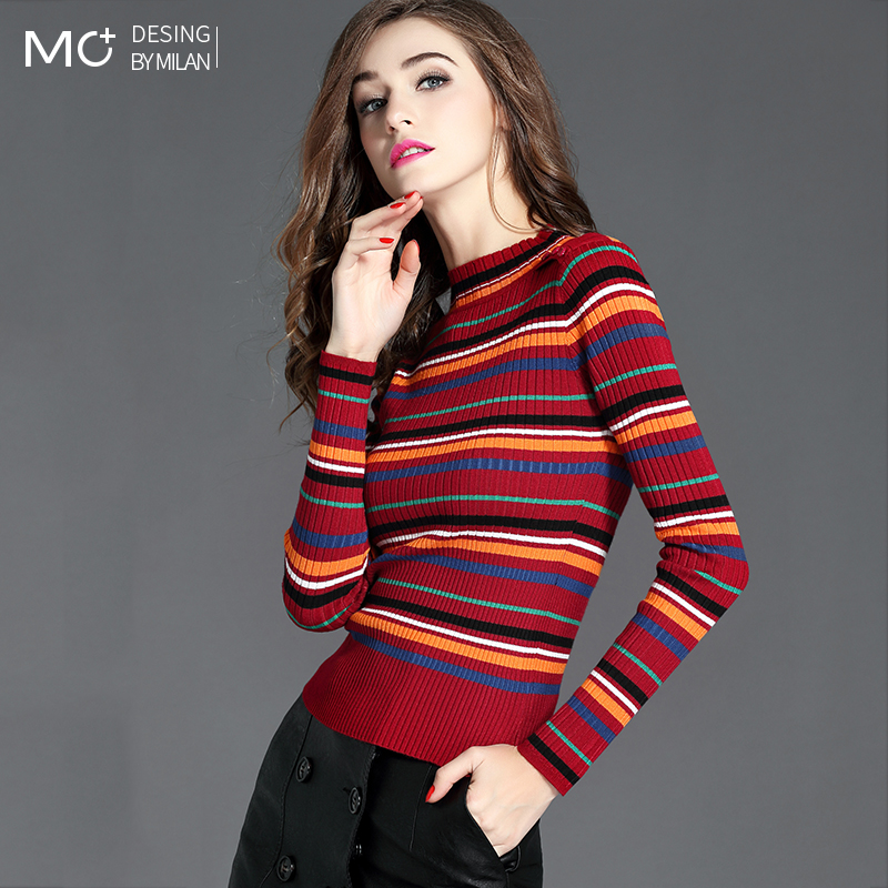 Striped sweater women's long-sleeved autumn and winter outerwear 2022 new slim-fit half-high collar inner sweater pullover bottoming shirt