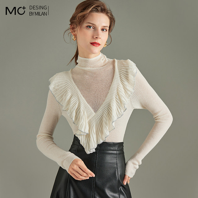 100% wool sweater 2023 autumn new mesh hollow high collar pleated lace design knitted bottoming shirt for women