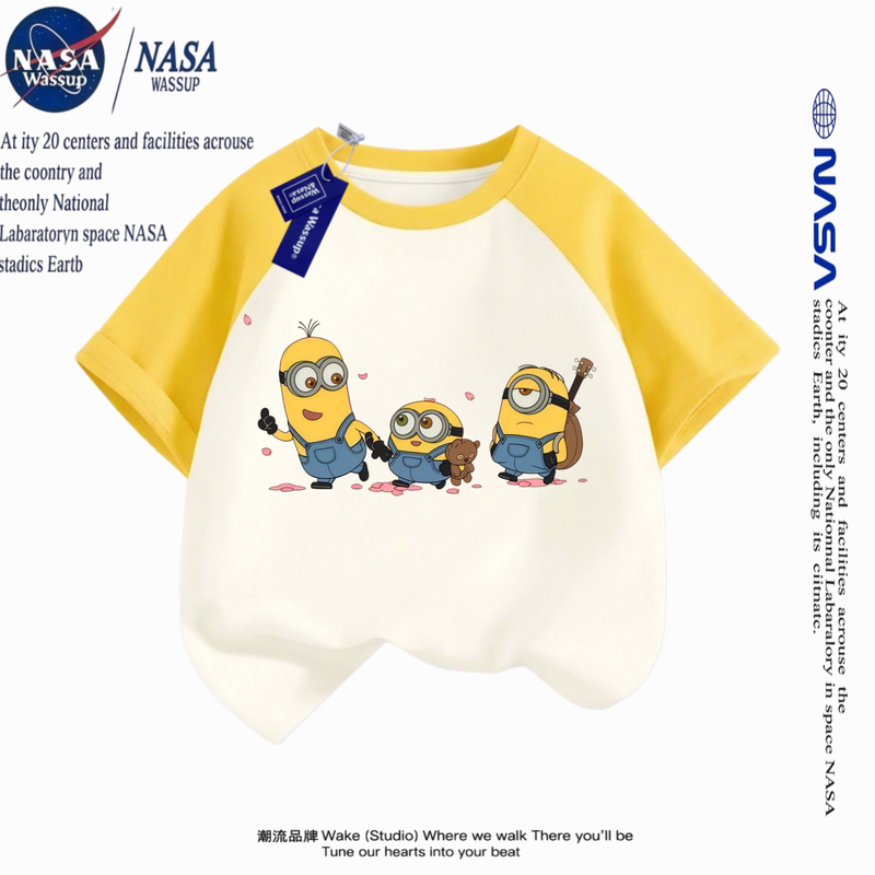 Nasa Co-Branded Minions Printed Short-Sleeved Pure Cotton T-Shirt for Boys and Girls, Round Neck, Loose and Breathable Top, Summer Style Nasa Co-Branded Minions Printed Short-Sleeved Pure Cotton T-Shirt for Boys and Girls, Round Neck, Loose and Breathable Top, Summer Style