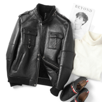 Original ecological fur one Haining leather jacket mens short coat sheep leather motorcycle leather jacket winter thickened