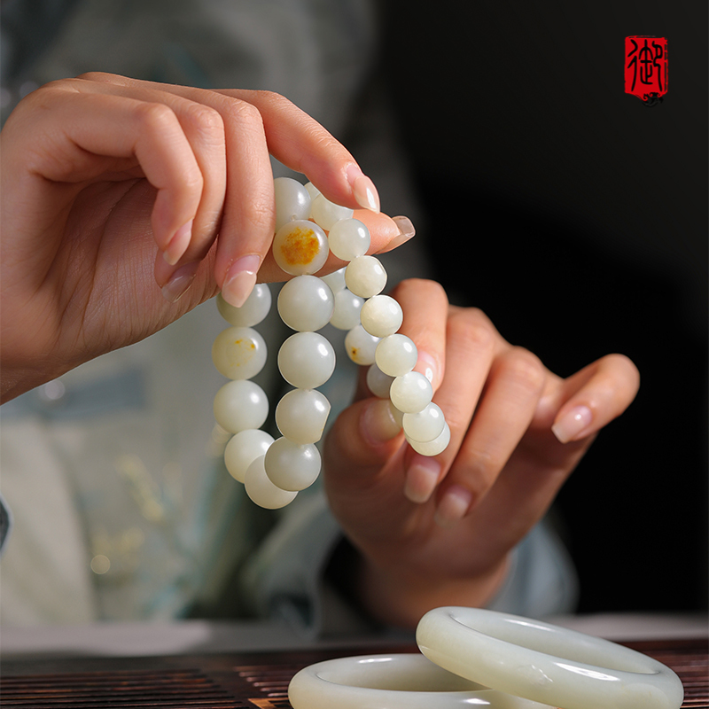 Yushifang Xinjiang Hetian Jade Natural Seed Material with Preserved Skin, Golden Skin, Red Skin, Hand-Strung Beads, Bracelet, Bangle, Hand Chain Material